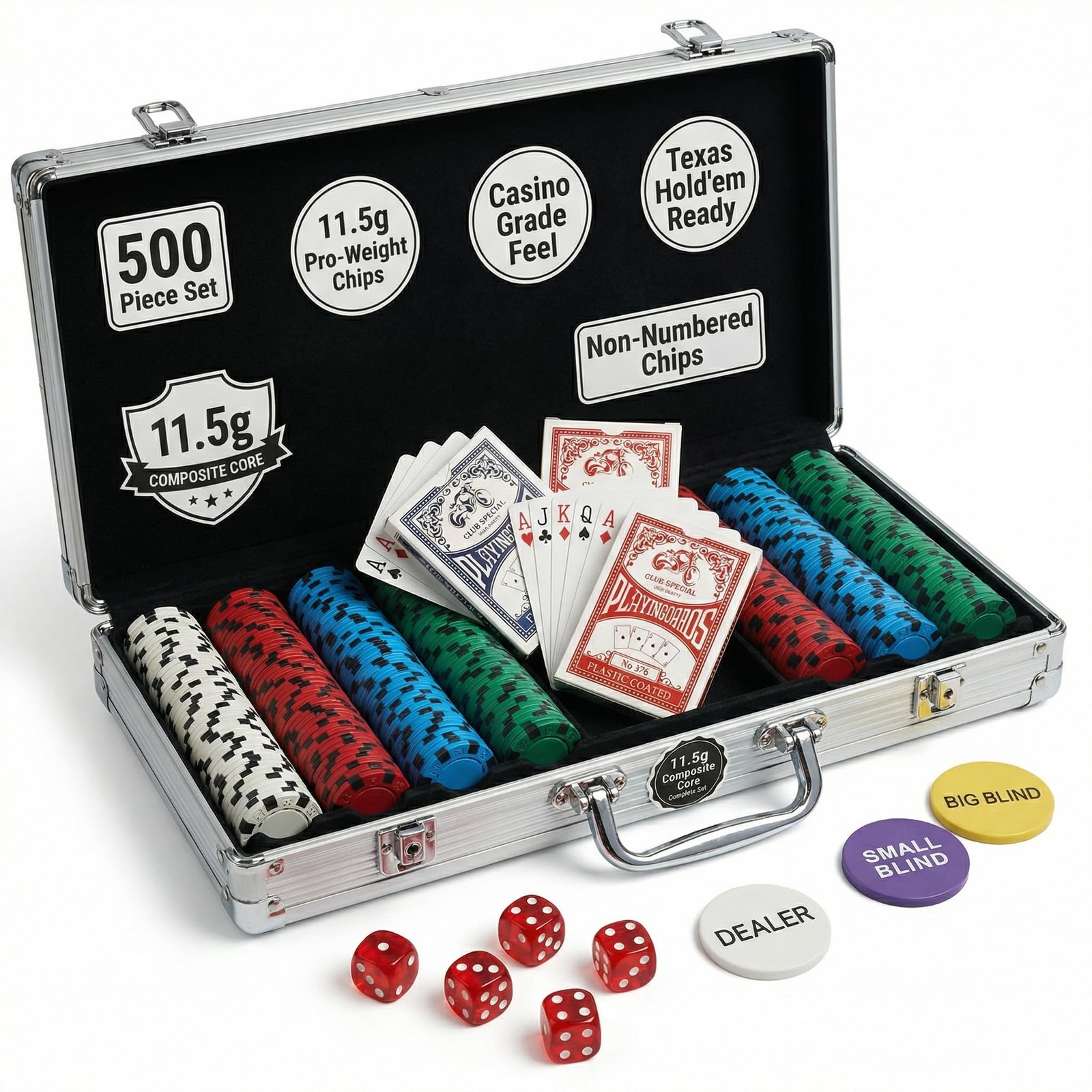 500 Piece Poker Chip Set Composite Chips Aluminum Case Cards Buttons Casino Gami