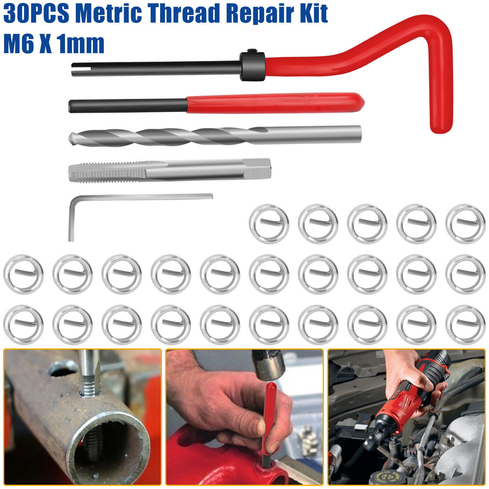 30Pcs M6 X 1.0mm Metric Thread Repair Insert Kit Helicoil Car Pro Coil Tool