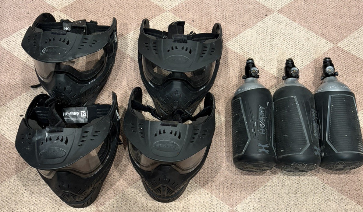 4 HK Army Paintball Full Face Protective Mask Goggles Black and 3 48-3000 tanks