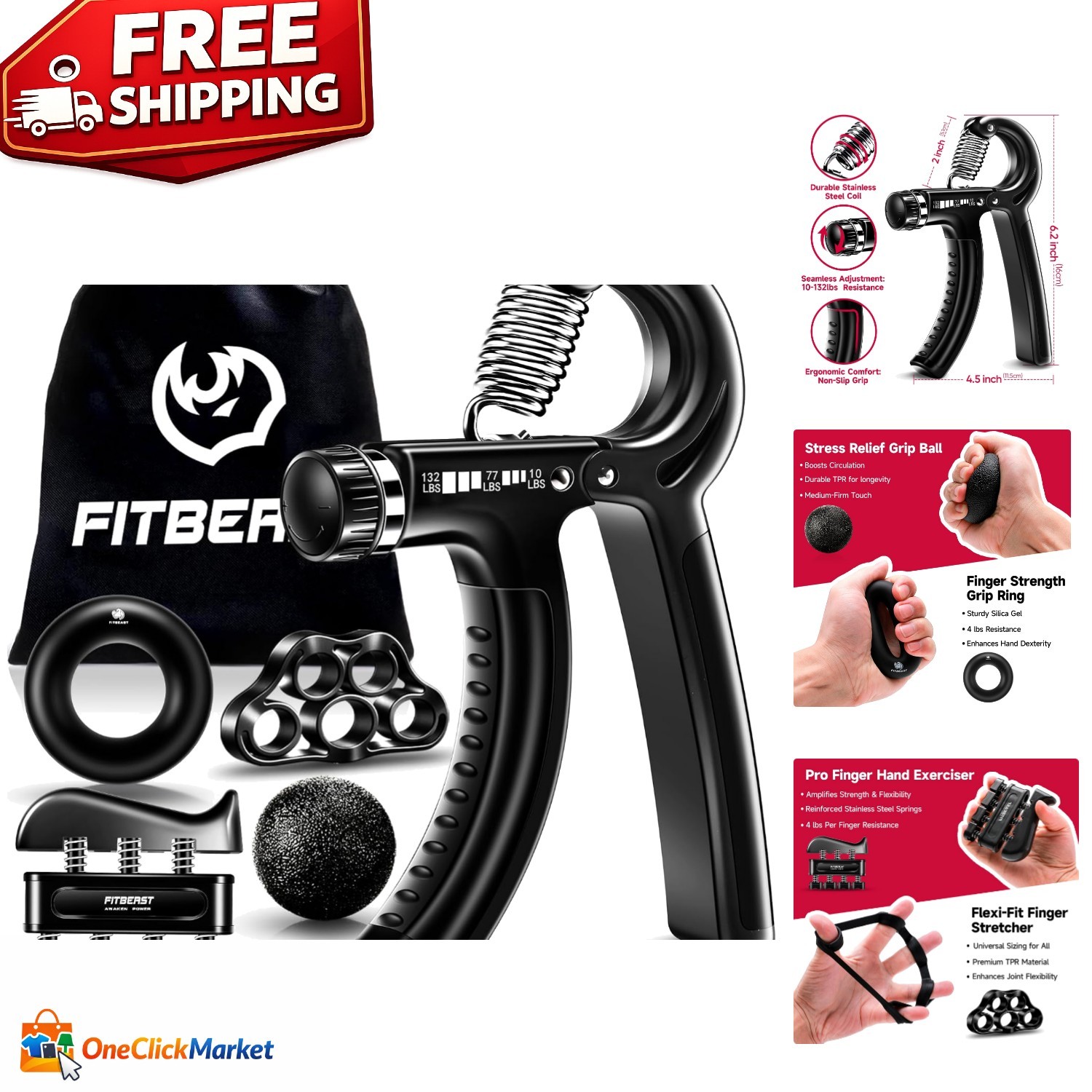 Ergonomic Grip Strengthener Kit - 5 Pack with Adjustable Tension (10-132lbs)