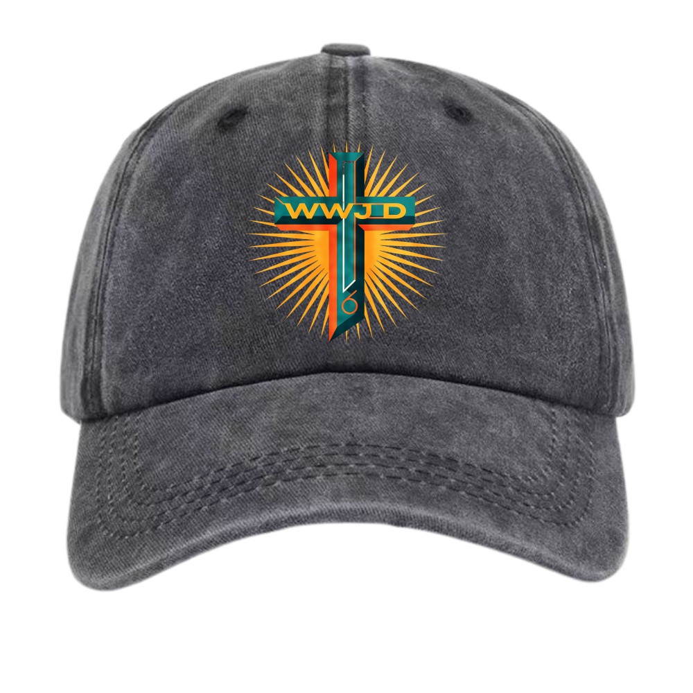 WWJD Sunburst Cross Christian Faith Washed Dad Hat Religious Jesus Baseball Cap