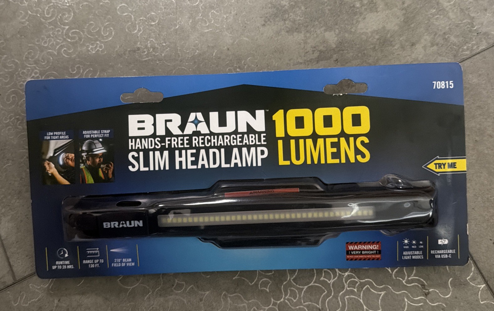 BRAUN 1000 Lumen Rechargeable Slim Headlamp 70815 LED Motion Sensor 1000 LUMENS