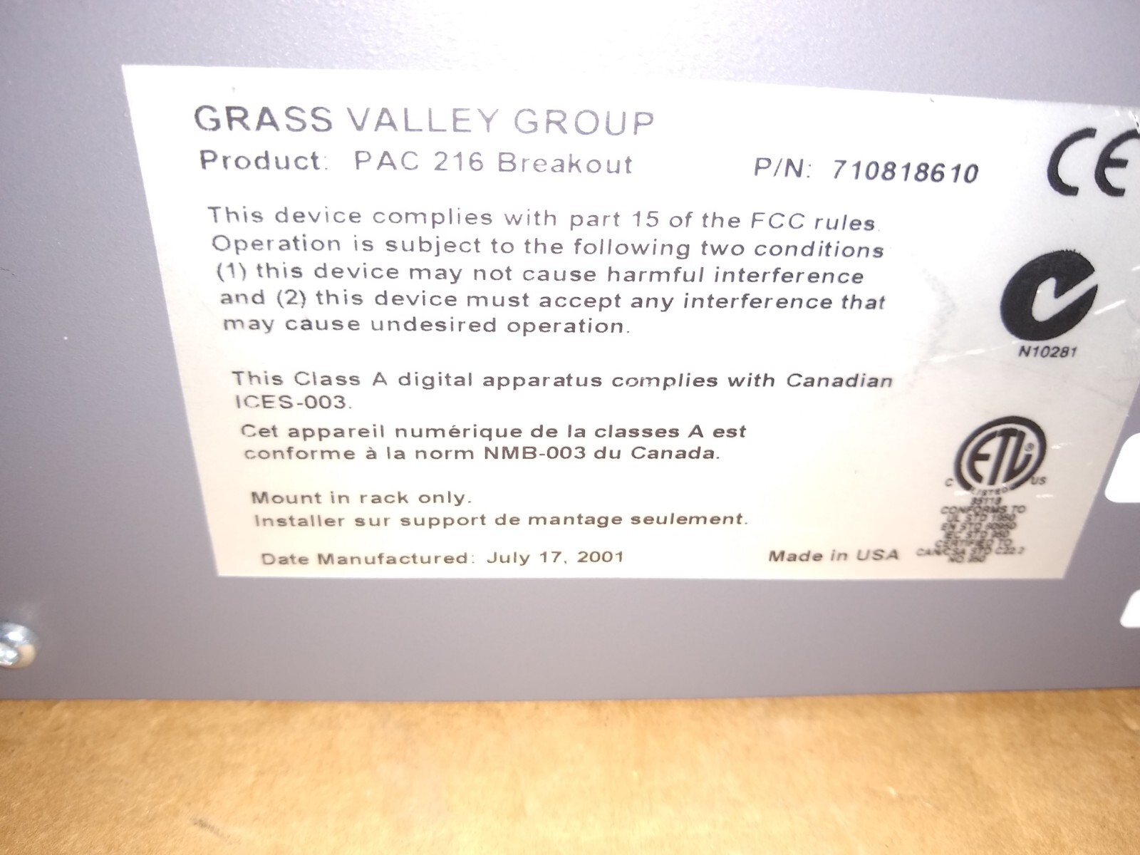 Grass Valley PAC XLR Breakout Panel 710818610 PAC 216 Breakout