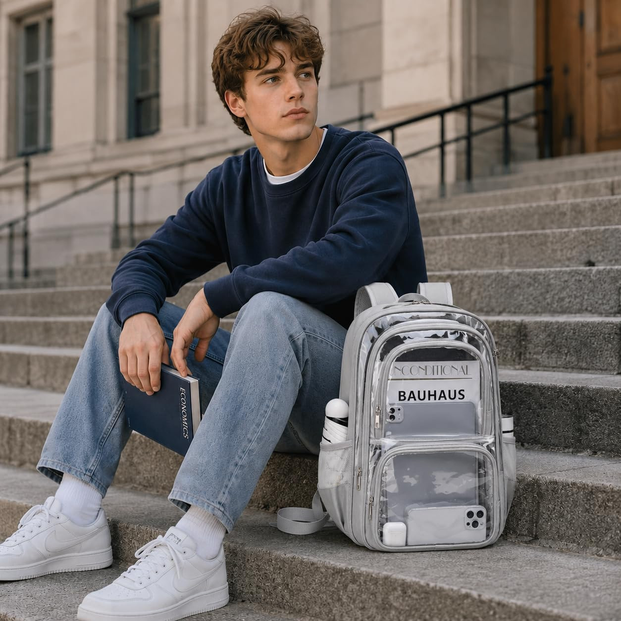 Large Heavy-Duty Clear Backpack with Multiple Compartments, Transparent Bookbag