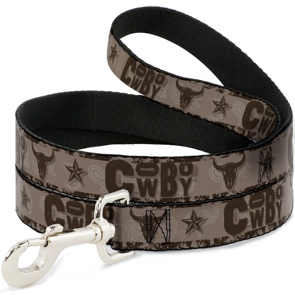 Dog Leash Western COWBOY Icons Collage Tan/Browns NARROW 0.5"