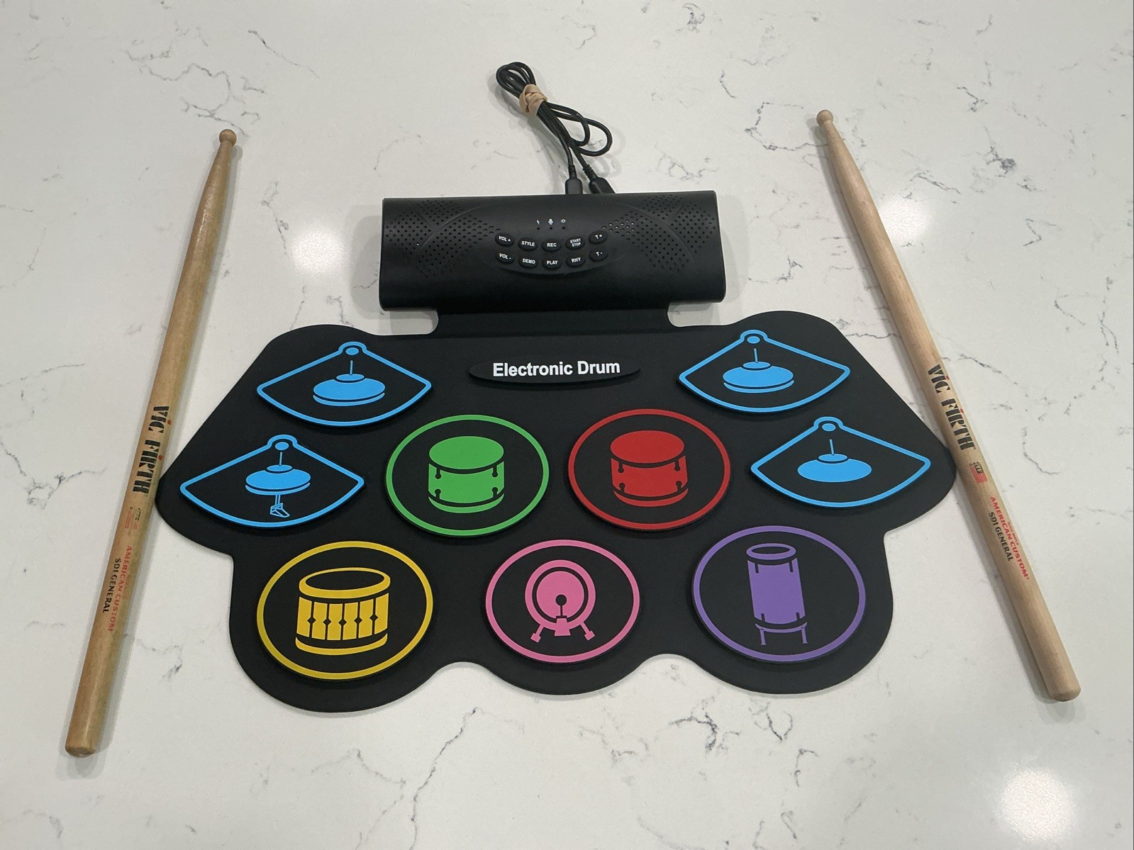 Portable Electronic 9-Pad Drum Set w/ Built-In Speakers, Headphone Jack & Sticks