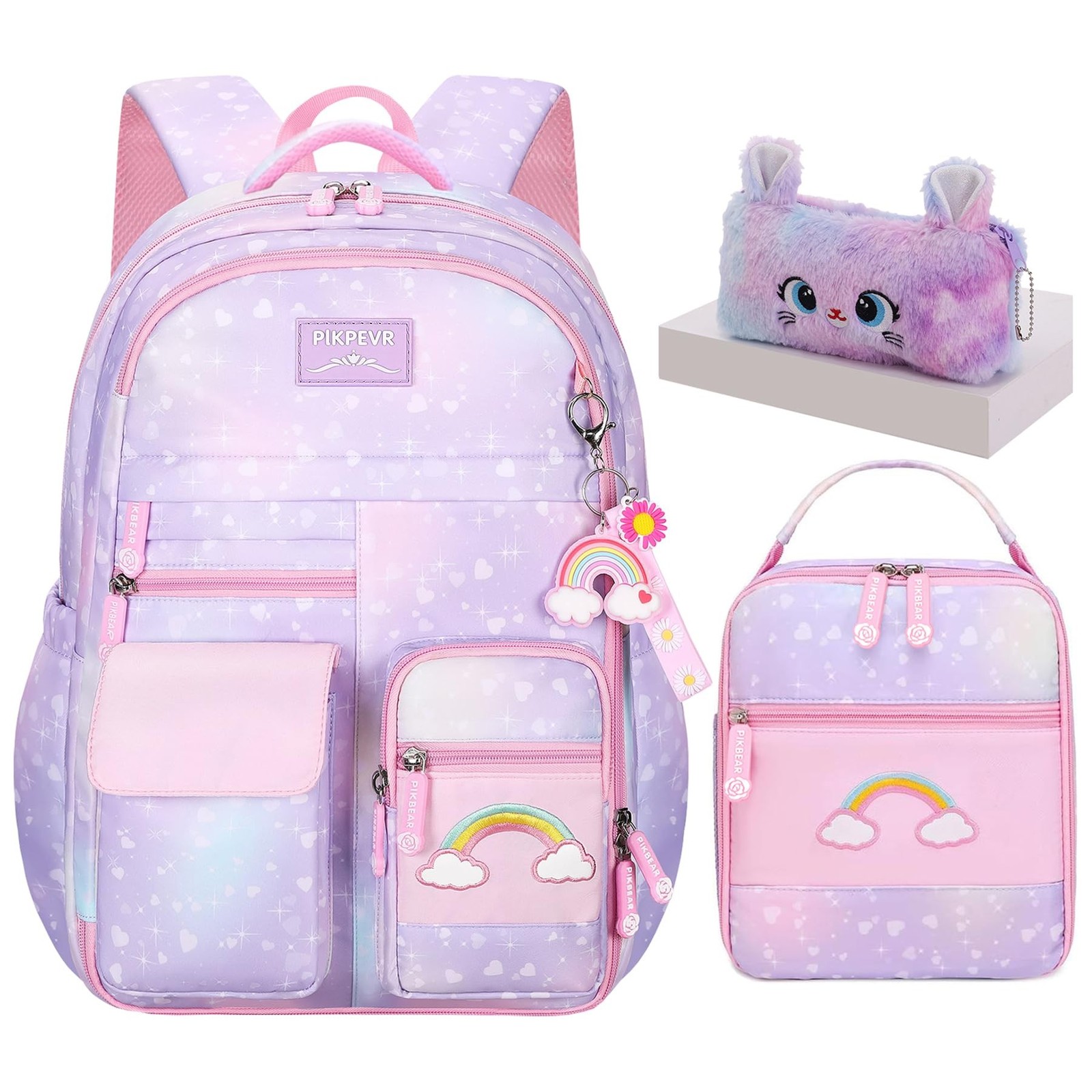 Jcobvig 3Pcs Kids Backpack For Girls,Cute Rainbow Student School Backpack Wit...