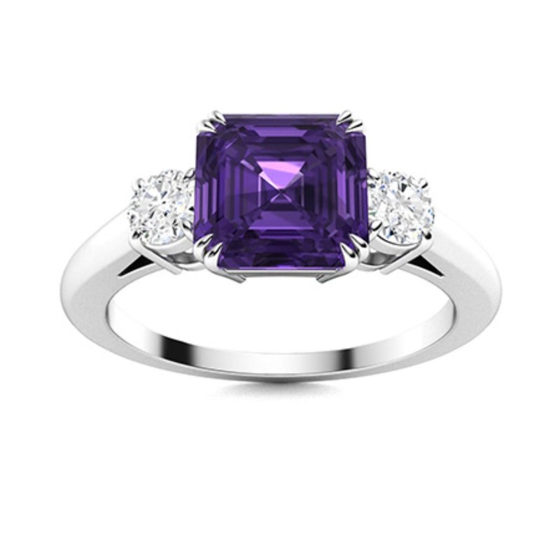 6mm Asscher Cut Amethyst Ring 925 Sterling Silver Three Stone Engagement Band