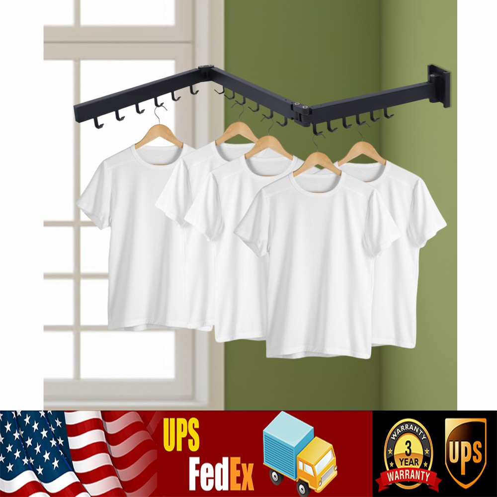 Retractable Clothes Hanger Tri-fold Drying Rack Laundry Indoor Outdoor Wall Rack