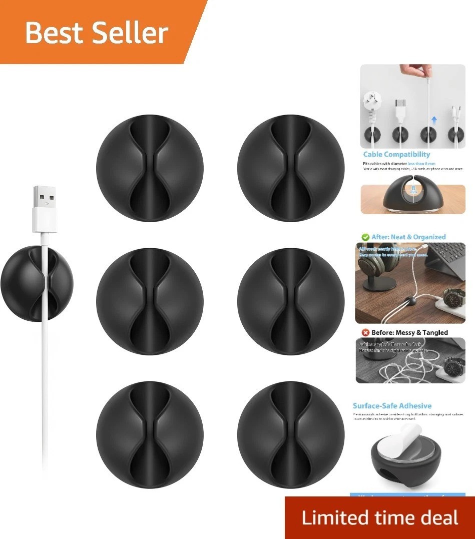 Compact Self-Adhesive Cable Clips | 6pc Rubber Cord Keeper for Clean Surfaces