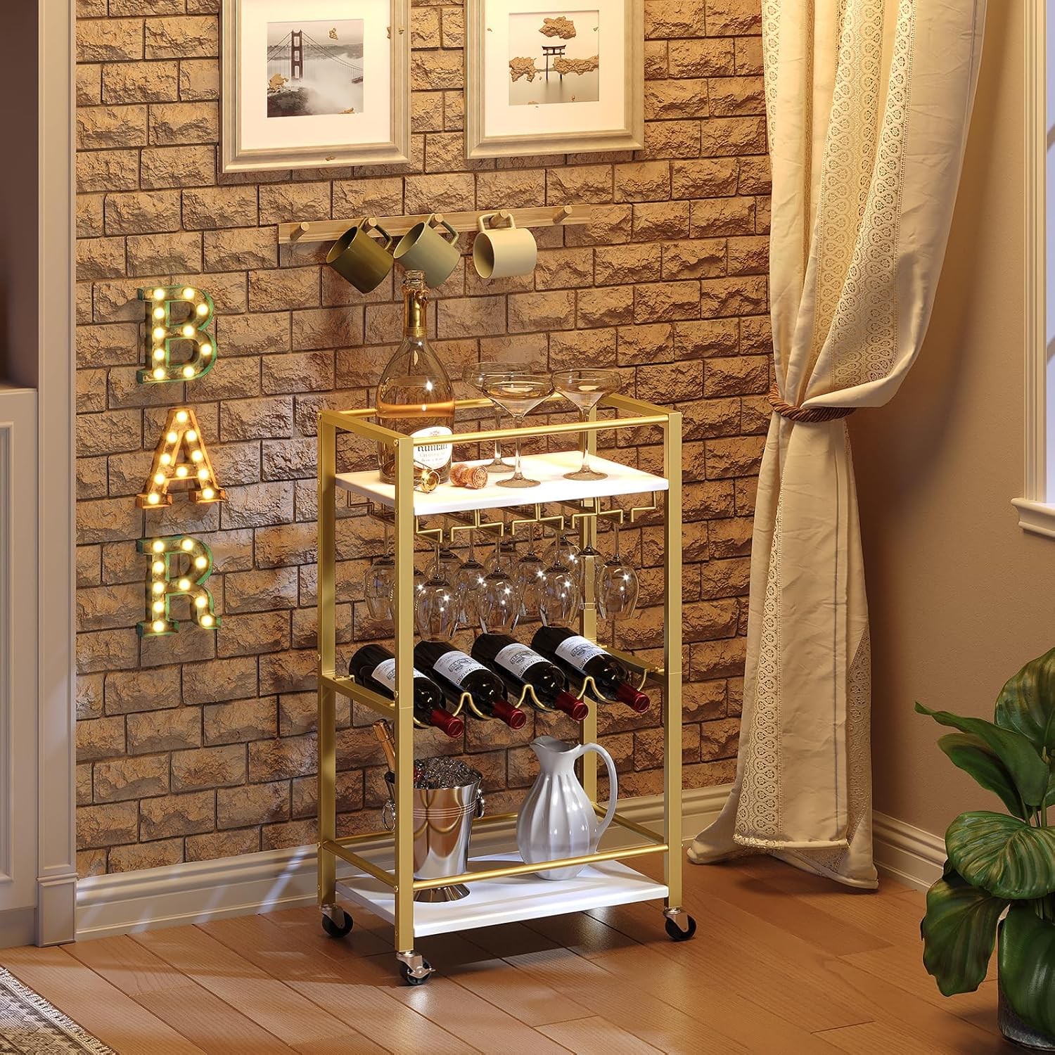 Bar Cart for Home, Mini Rolling Wine Cart, 3 Tier Serving Cart, Kitchen Stora...