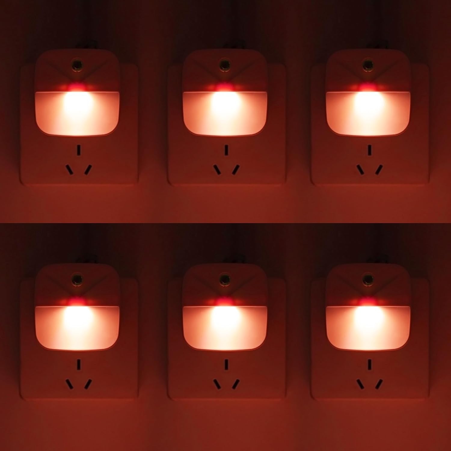 6 Pack LED Red Night Lights Plug Into Wall Dusk To Dawn Sensor Automatic Plastic