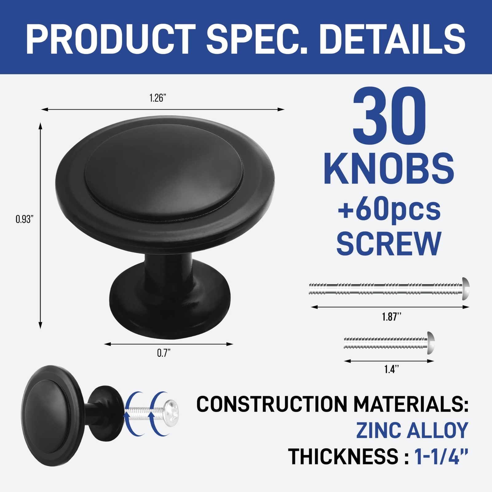 Lifemaster 30pcs 1-1/4 Matte Black Cabinet Knobs - Rust-Proof, Modern Design,...