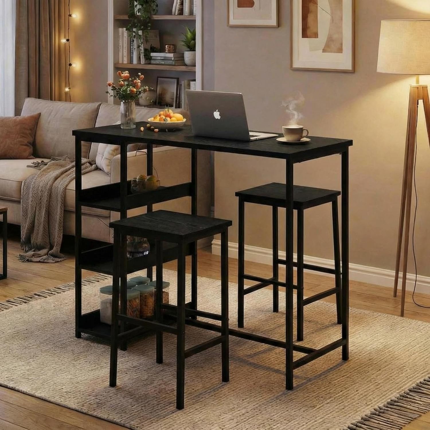 3-Piece Kitchen Table Set with Storage Shelves & 2 Bar Stools for Small Spaces
