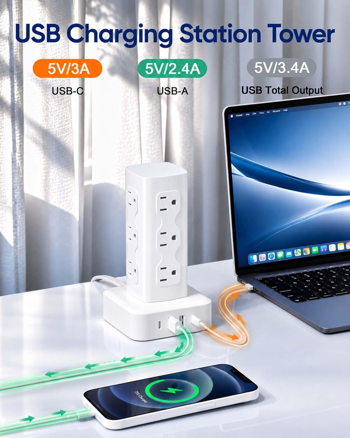 Power Strip Tower Surge Protector(2000J), Flat Plug Charging Station Tower with