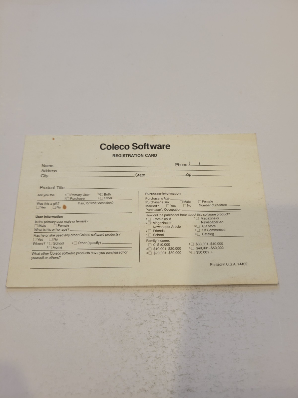 coleco industries colecovision registration Card Insert 14402