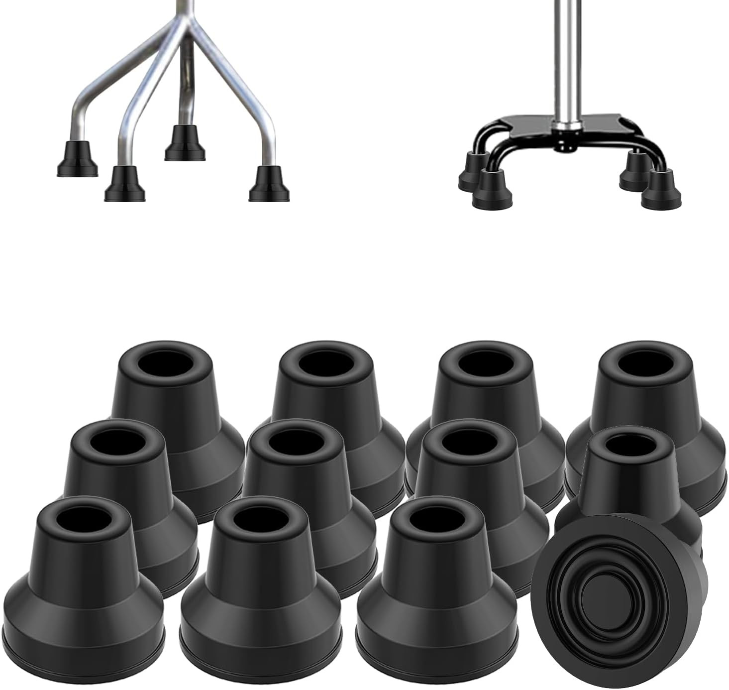 Quad Cane Tips (Set of 12), Rubber Heavy Duty Non-Slip Extreme Grip Cane Replace