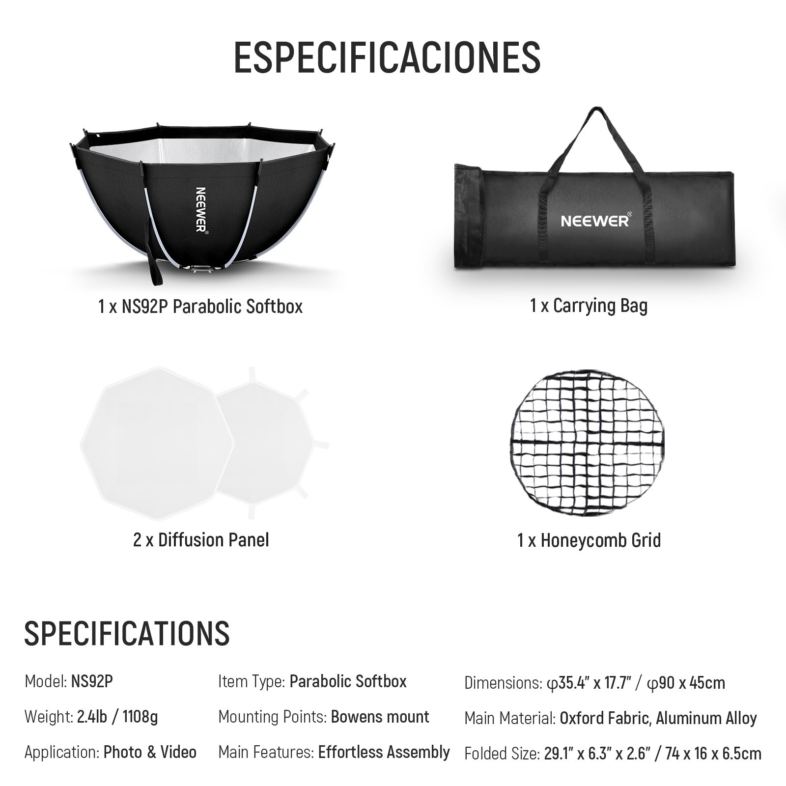 NEEWER NS92PD 35.4" Octagonal Softbox w/Bowens Mount, Diffuser & Grid