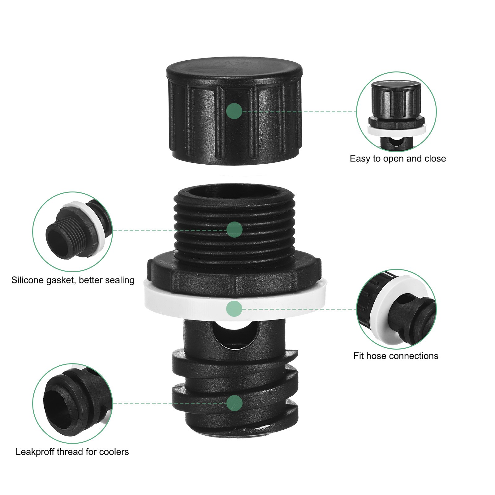 2-Pack Cooler Drain Plug Hose Connection Replacement for RTIC Coolers [Black]