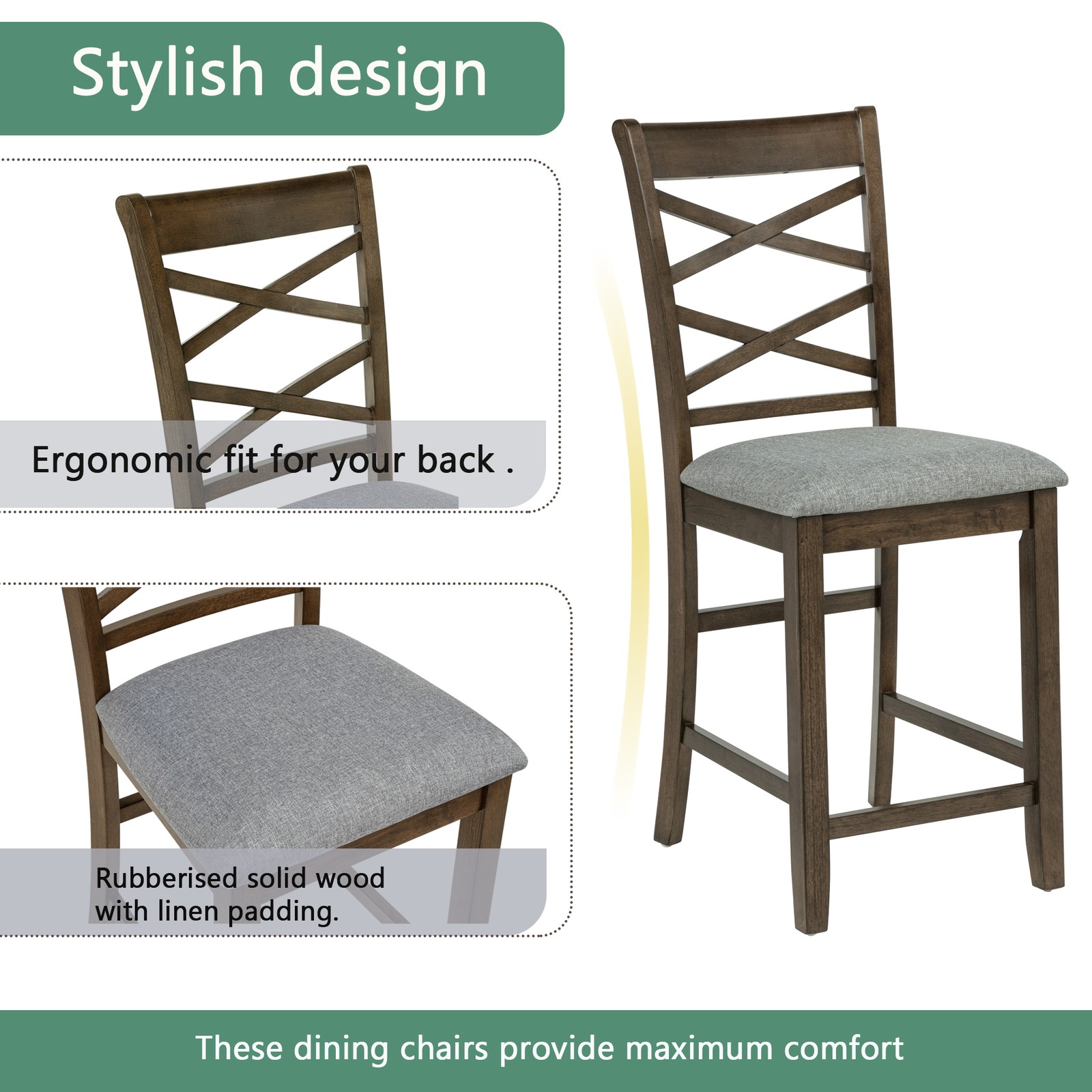 5-Piece Counter Height Square Wooden Dining Table Set w/ 4 Upholstered Chairs