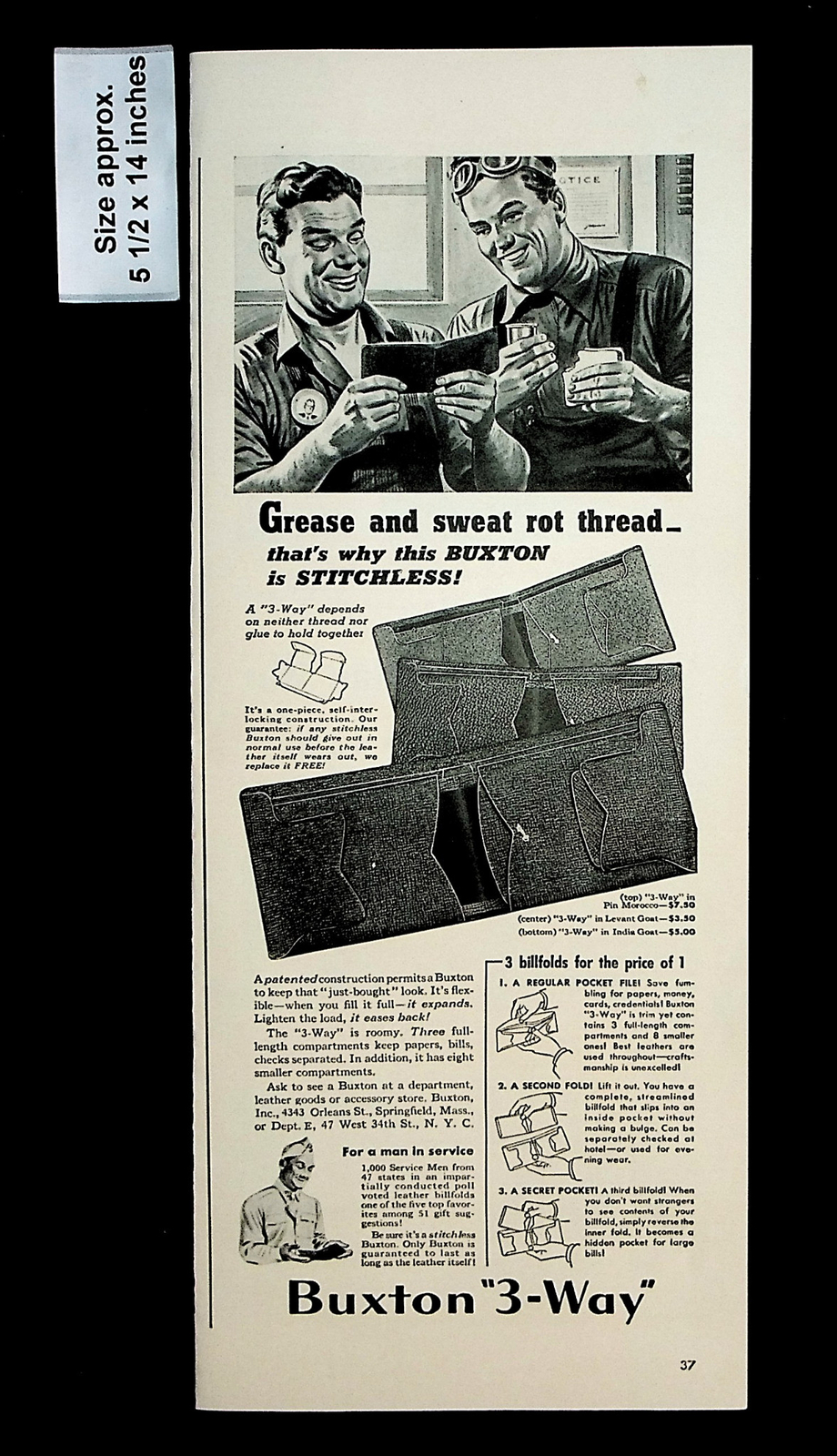 1943 Buxton 3-Way Bill Fold Wallet Money Men Grease Sweat Vintage Print Ad 33279