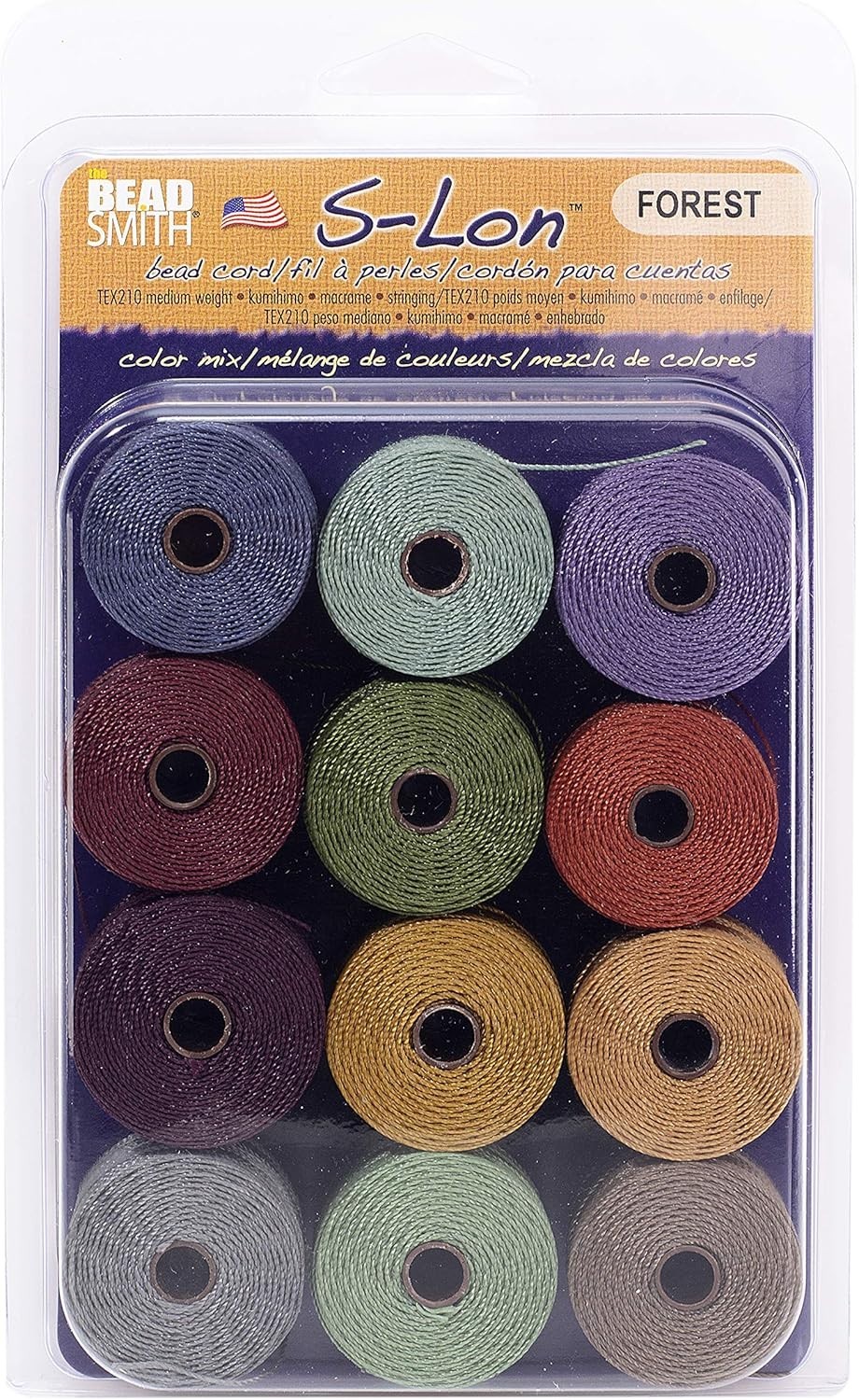 S-Lon Bead Cord  .5 mm Twisted Nylon Cord for Stringing, 12-Pack, Forest Mix
