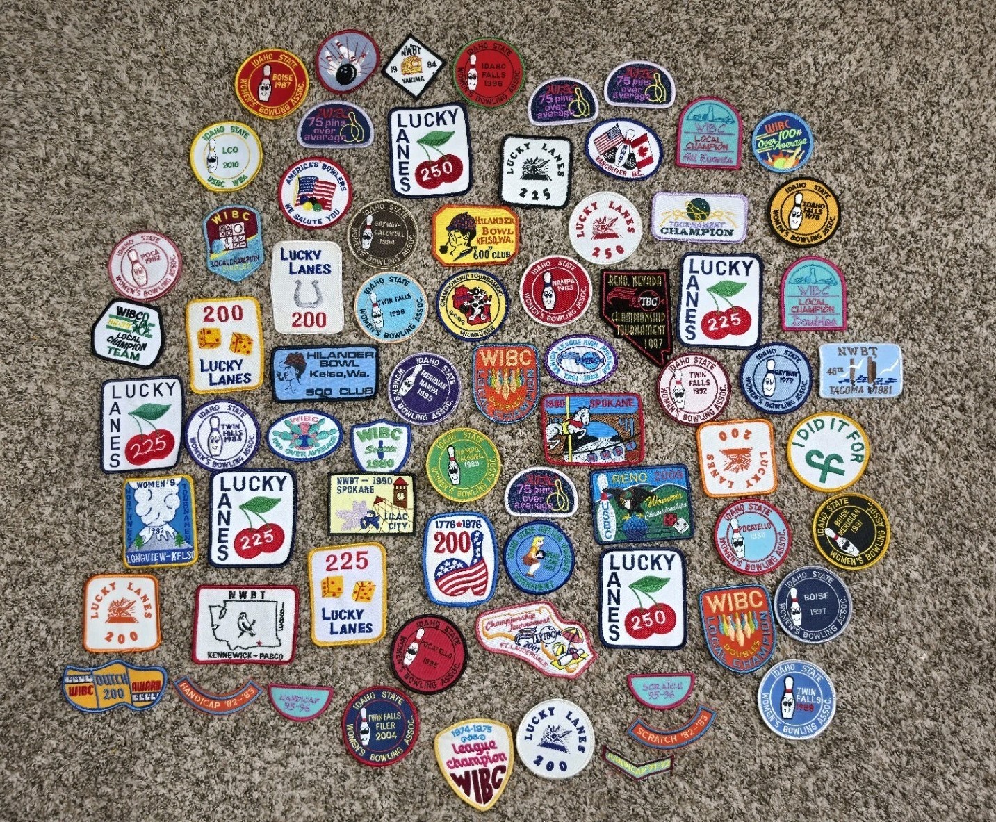 72 Vintage Bowling Patches Lot WIBC Idaho Lucky Lanes NWBT Tournament Awards