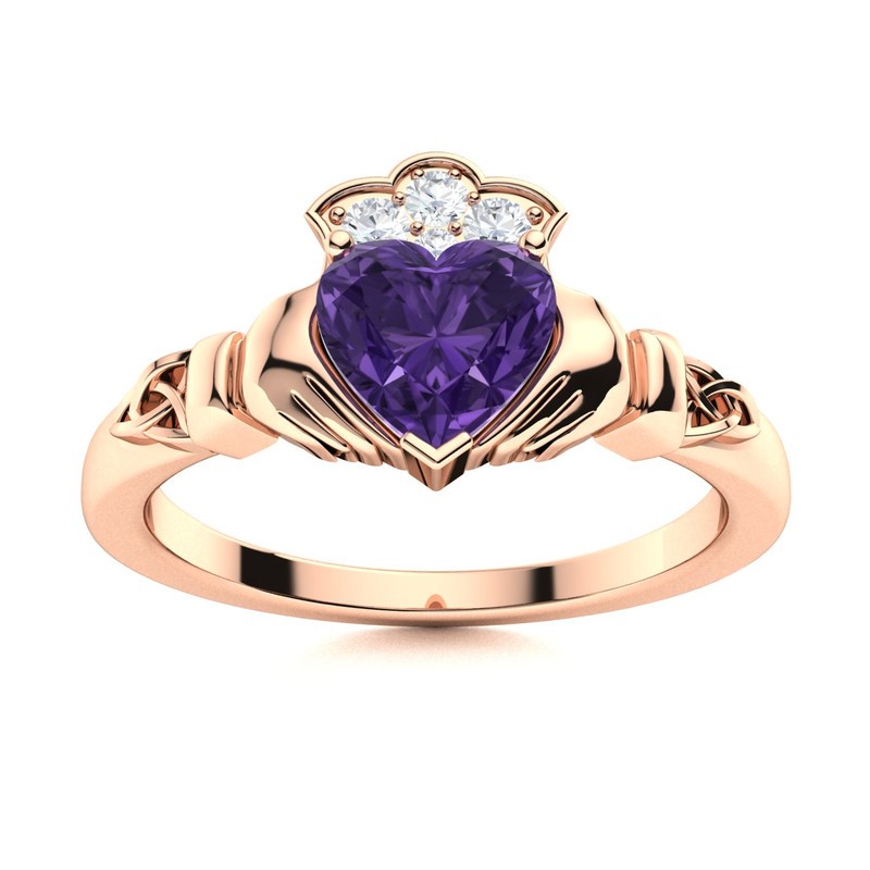 5mm Heart Amethyst Claddagh Ring 925 Silver Rose Plated Celtic Trinity Knot Band