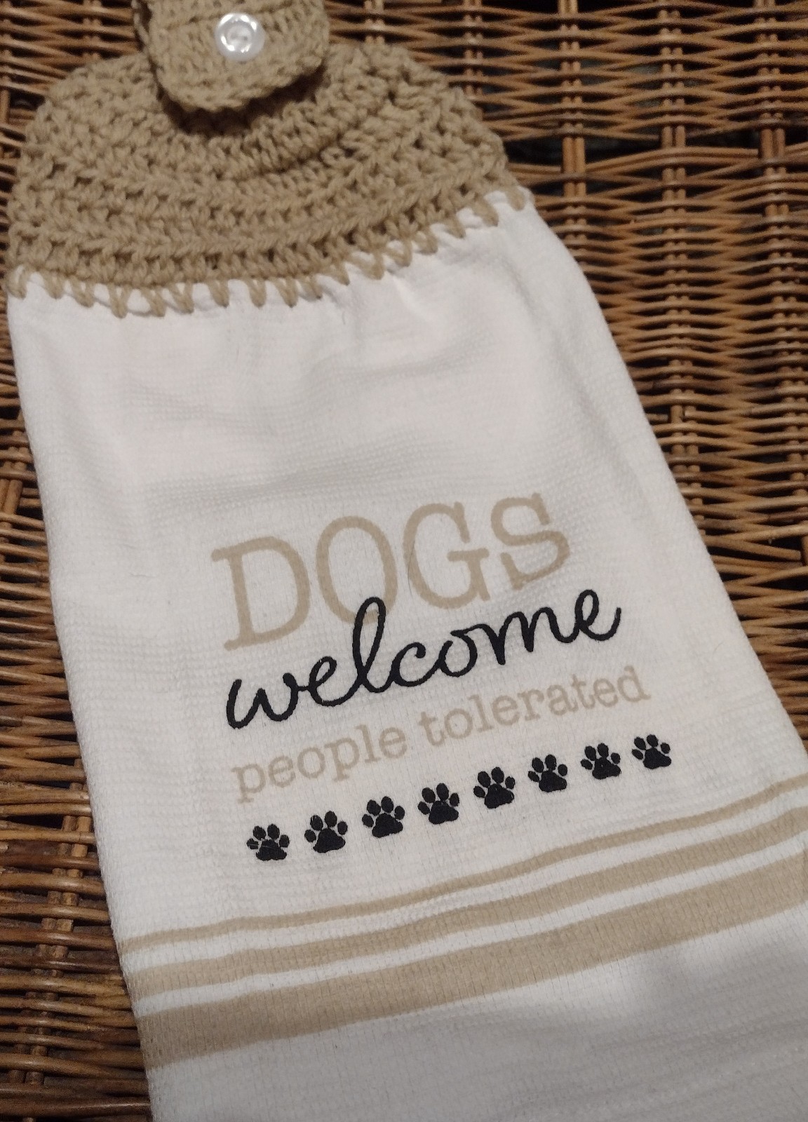 Crochet Top "Dogs Welcome" Hanging Kitchen Dish Towel (full towel)