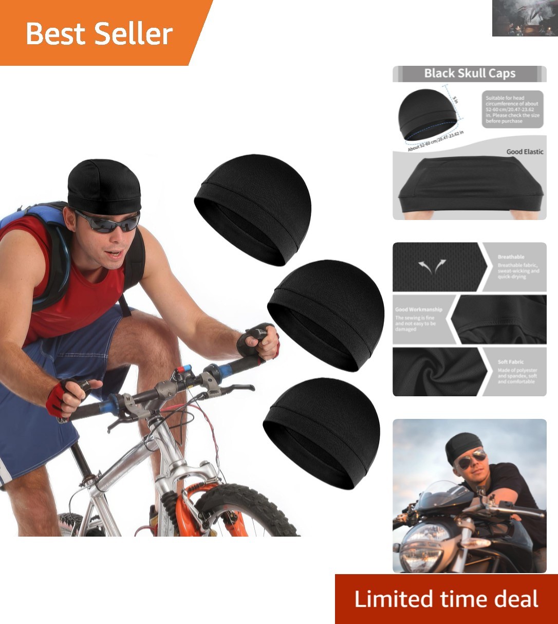 Unisex 3 Pack Skull Caps: Lightweight Helmet Liner for Cycling & Running Comfort