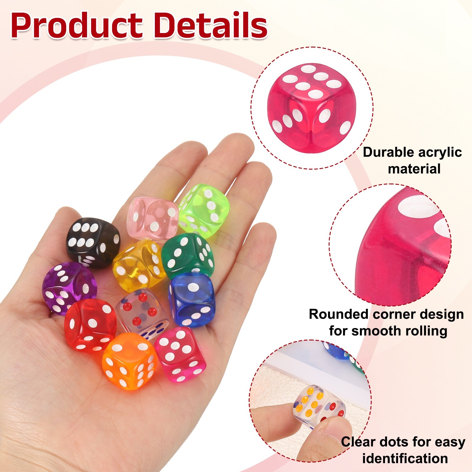 50Pcs Translucent Polyhedral Dice 16mm Square Dice W Rounded Edge, Rose Red