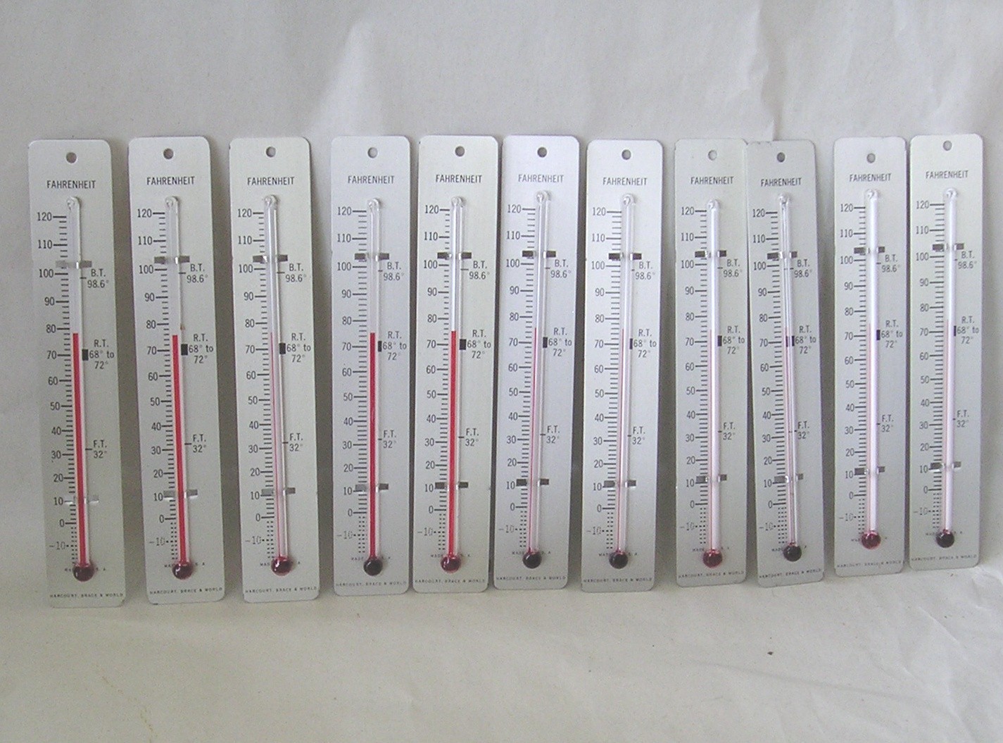 Lot of 11 Harcourt, Brace, & World Thermometers - Fahrenheit - Science Education