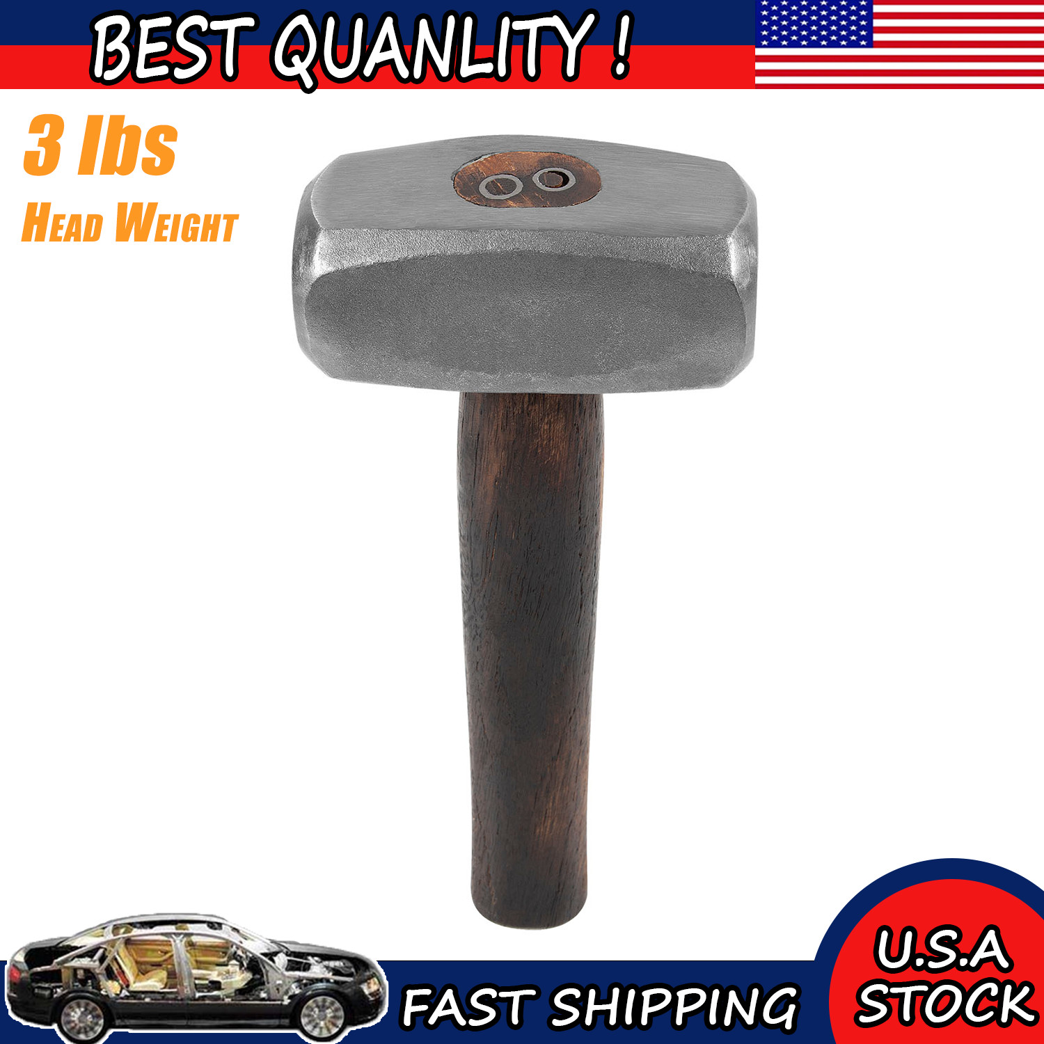 3lb Blacksmith Handmade Forge Hammer Flat Round Face w/ Wooden Handle Steel Head