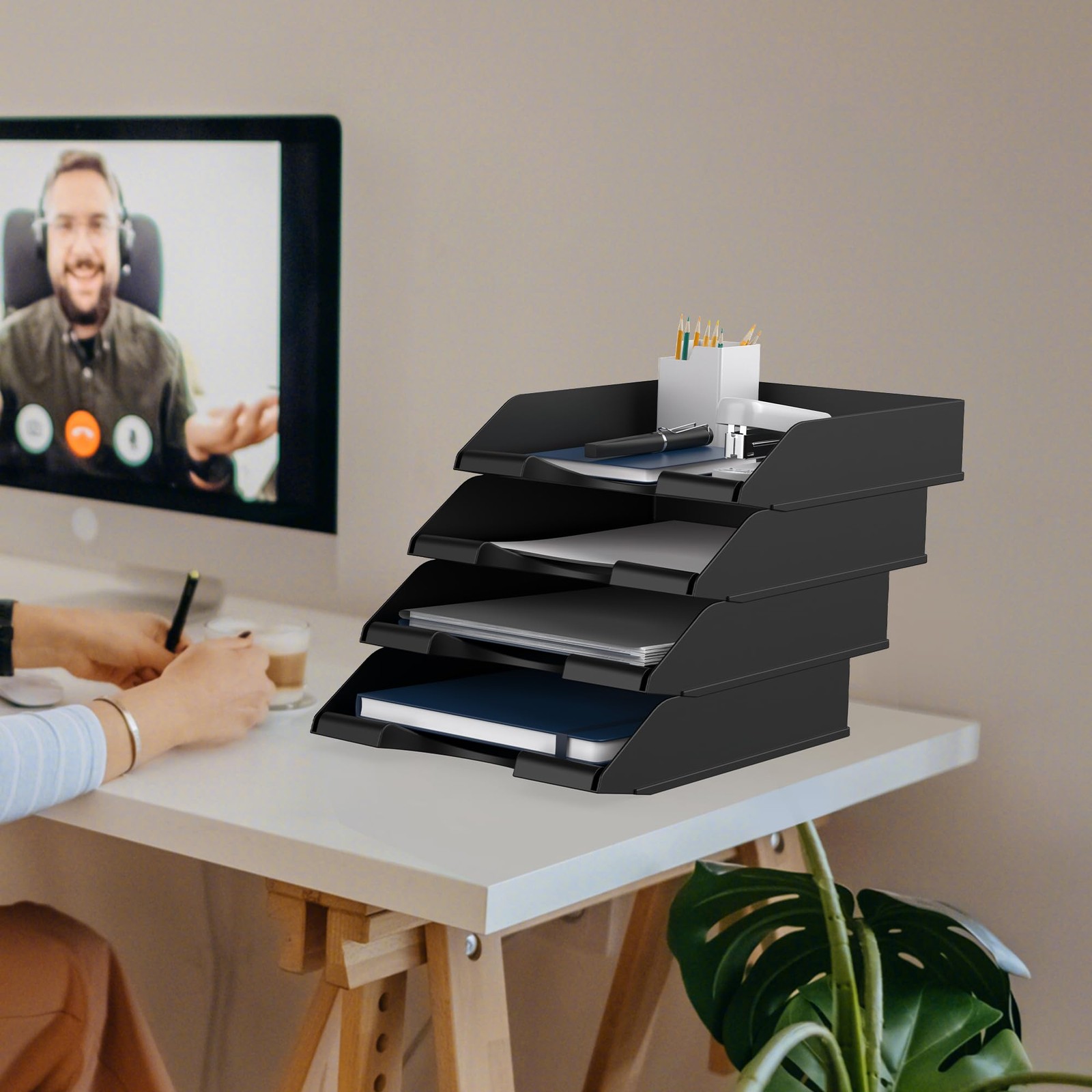 4 Pack Stackable Paper Trays for Letter Documents, Desktop File Organizers fo...