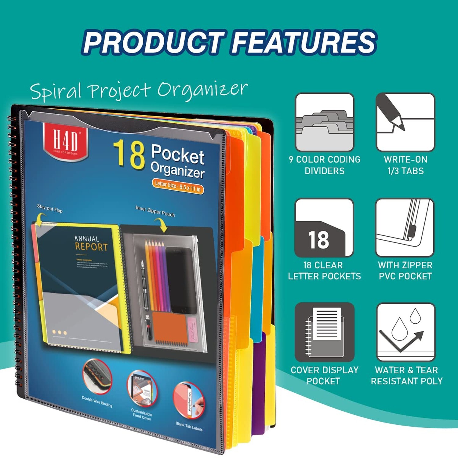 18 Pocket Poly Project Organizer, Spiral Multi Pocket Folder Organizer with P...