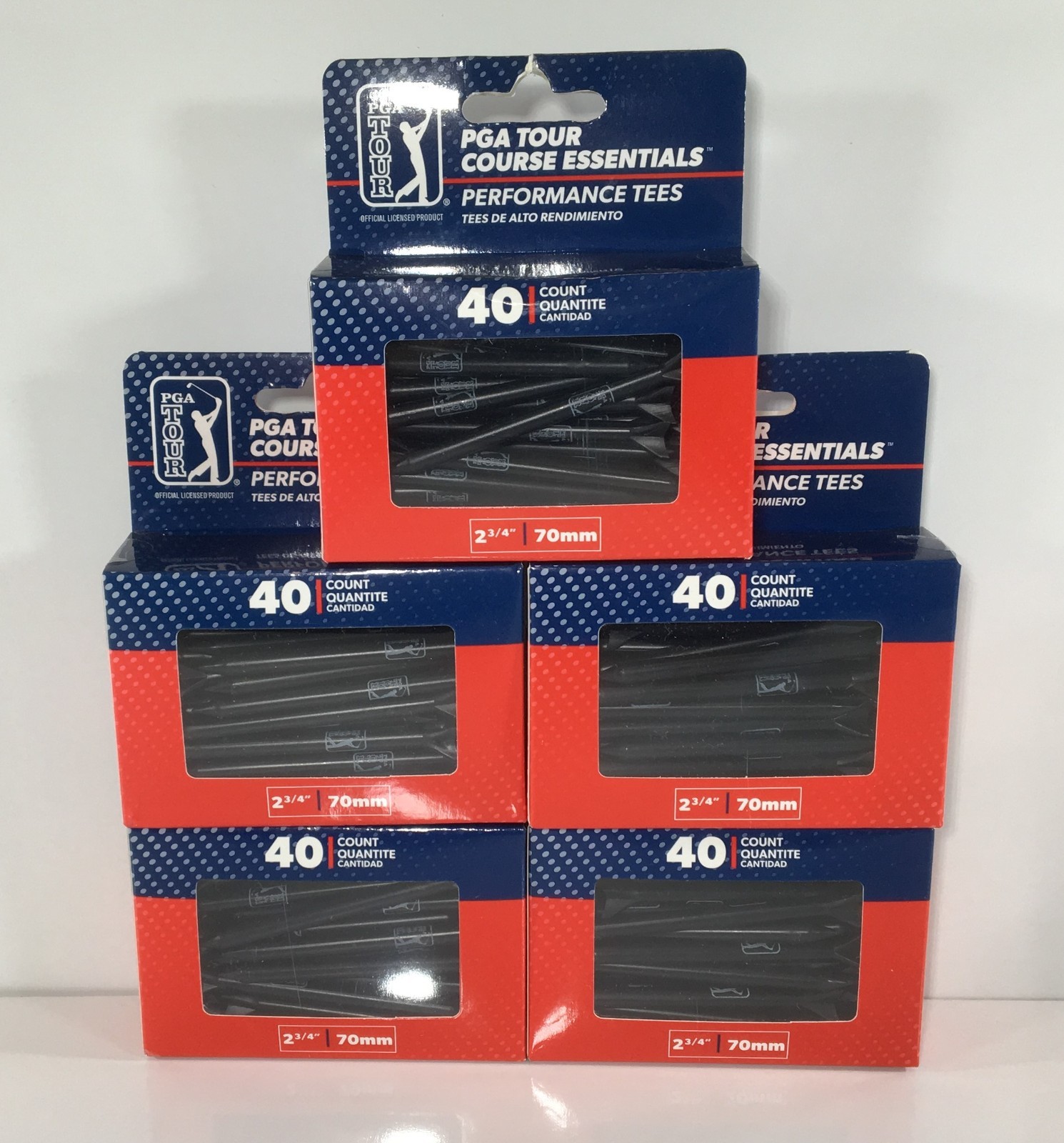 PGA Tour Performance Golf Tees, 2 ¾ “ (70 mm), 5 Pack, 40 Tees Each, 200 Total