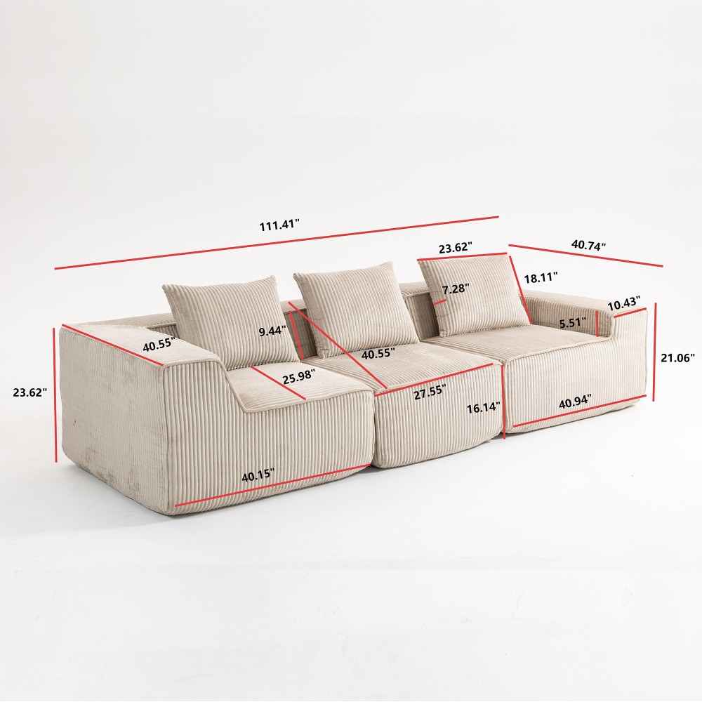Corduroy Sofa Sectional 3-Seater Modular Deep Seating Couch Beige