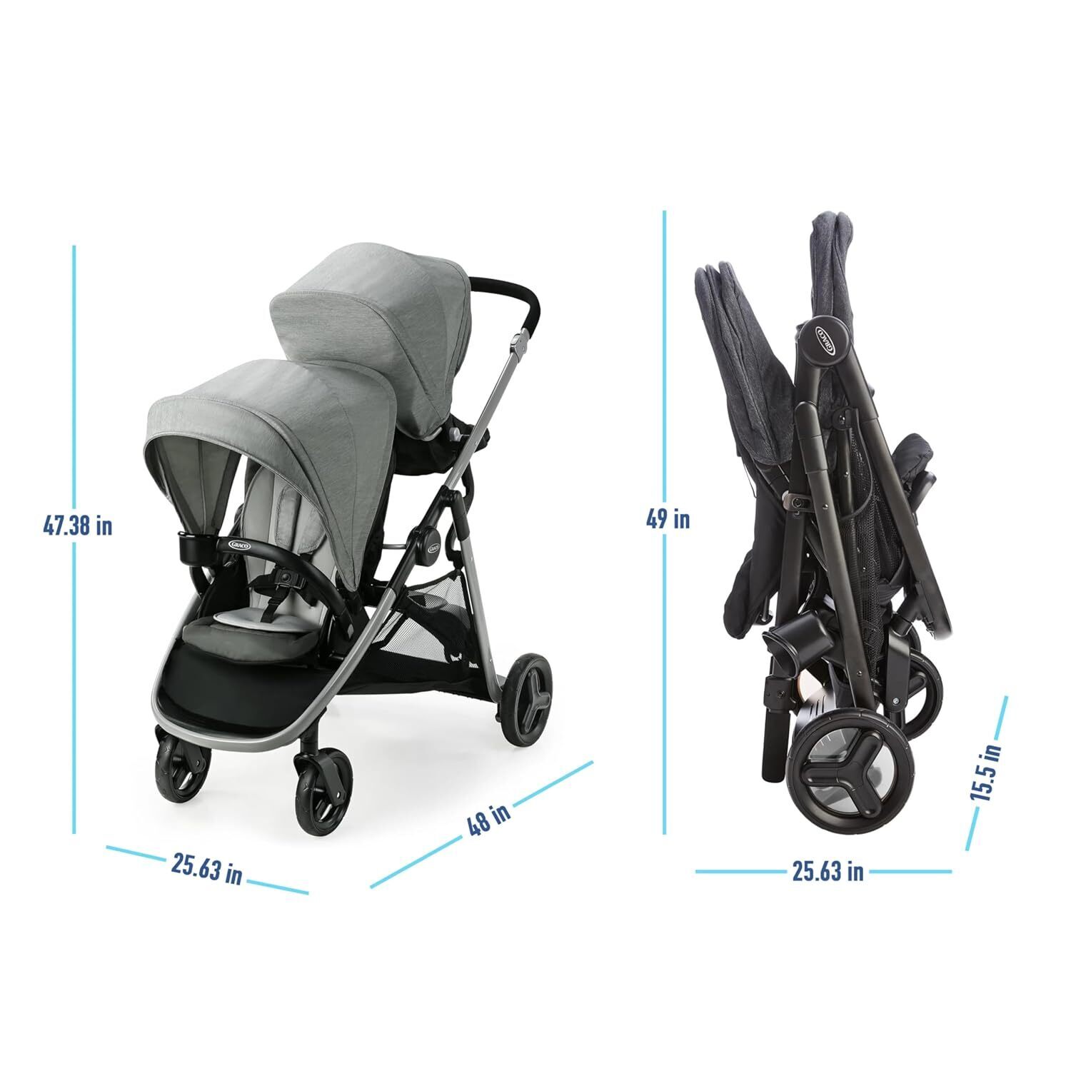 Double Stroller Features Bench Seat and Standing Platform Options