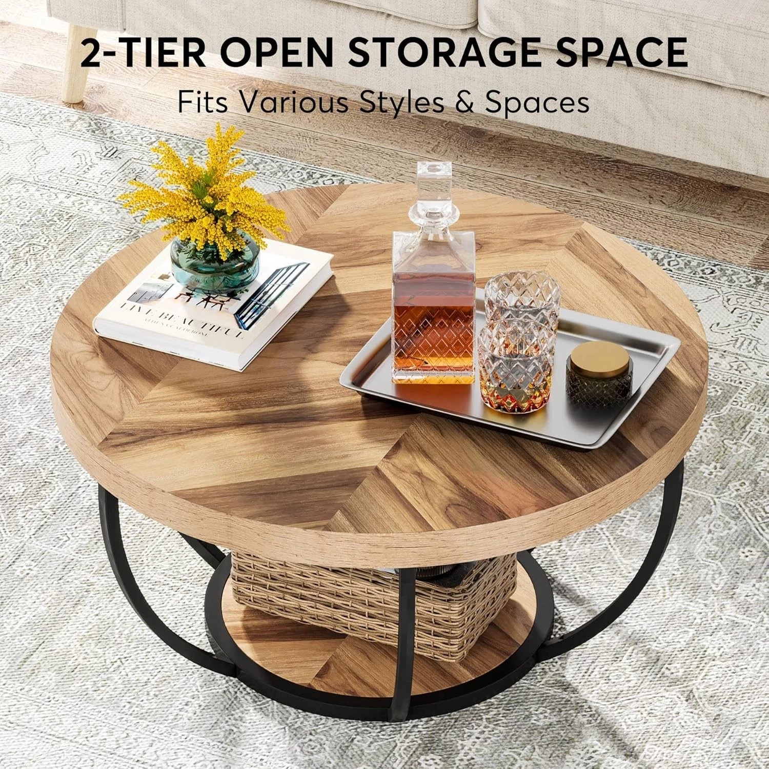 Round Wooden Coffee Table With Storage Rack Double Layer Design For Living Room