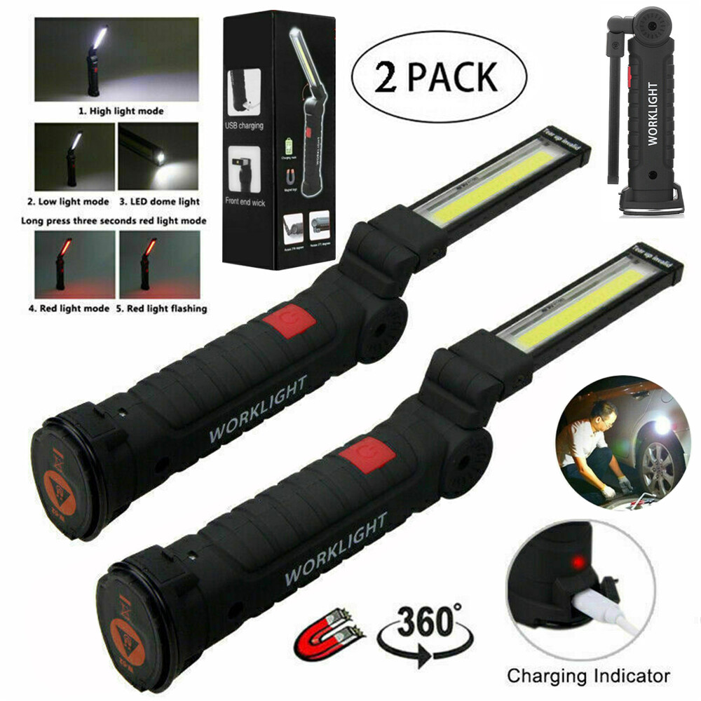 2Sets USB Rechargeable COB LED Work Light Lamp Inspect Folding Torch Flashlight