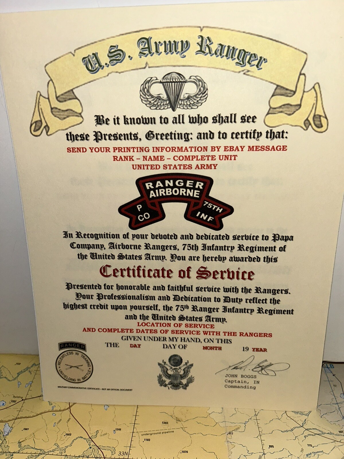 U.S. ARMY - P CO / 75TH RANGER INFANTRY CERTIFICATE OF SERVICE (COMMEMORATIVE)