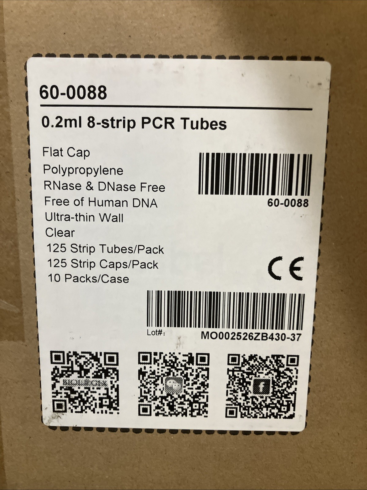Biologix 60-0088 0.2ml 8-Strip PCR Tubes w/Flat Caps Clear 125/Pk RNase DNase Fr