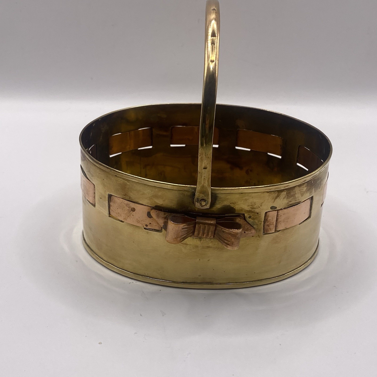 Brass Basket with Handle With Woven Design Bow