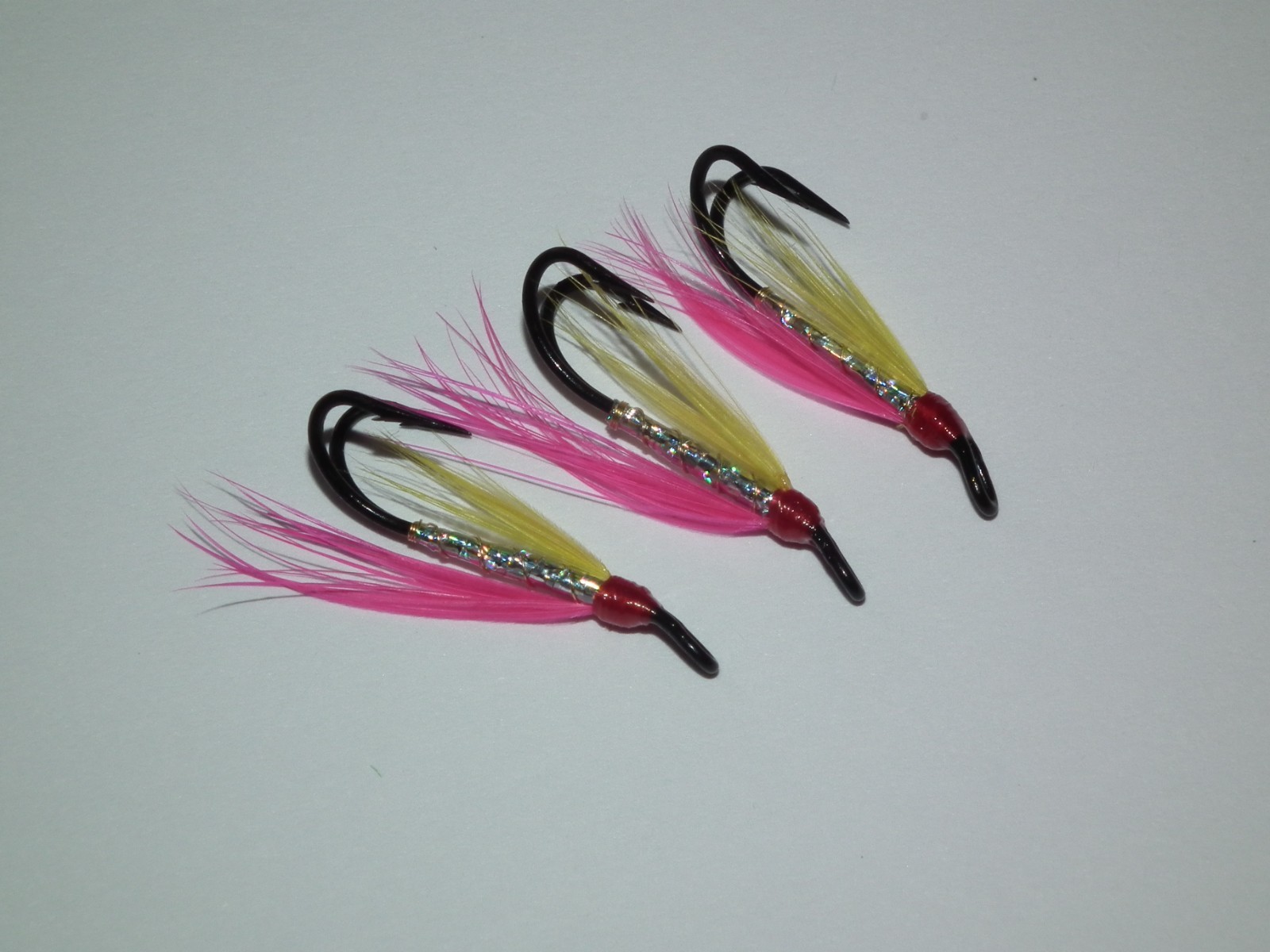 salmon/seatrout flies -- 3 pink & yellow size 10 double hooks
