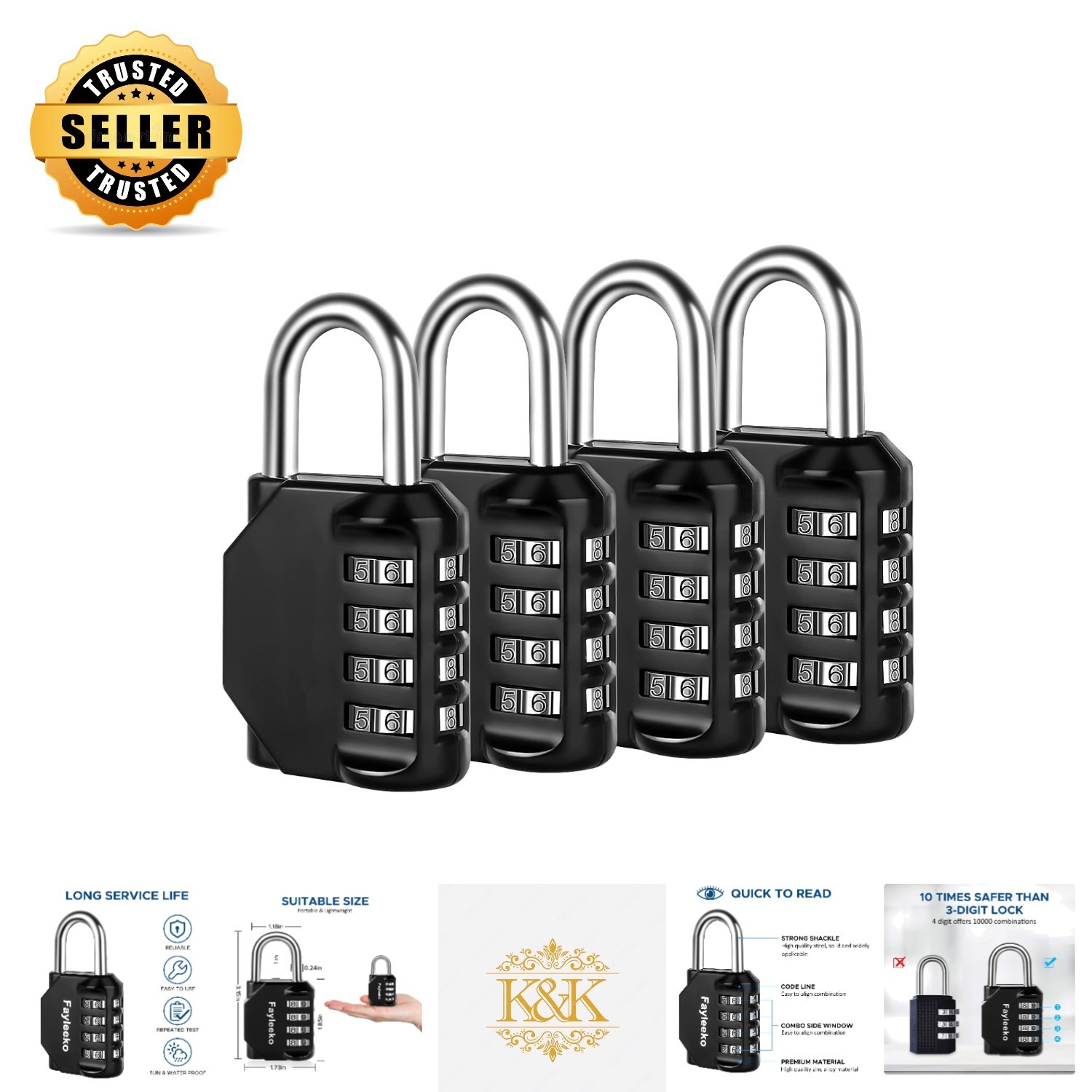 Resettable 4 Digit Combination Locks - Durable 4 Pack for Safe Storage