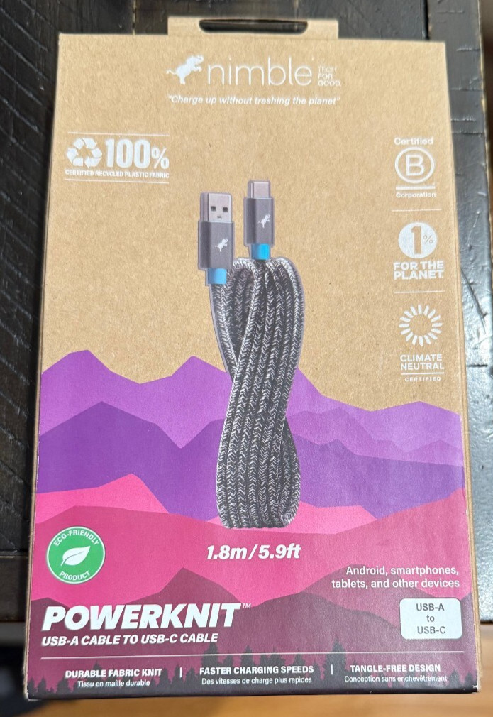 Nimble Powerknit USB-A to USB-C Cable 5.9FT for iPhone/Android -GRAY -BRAND NEW