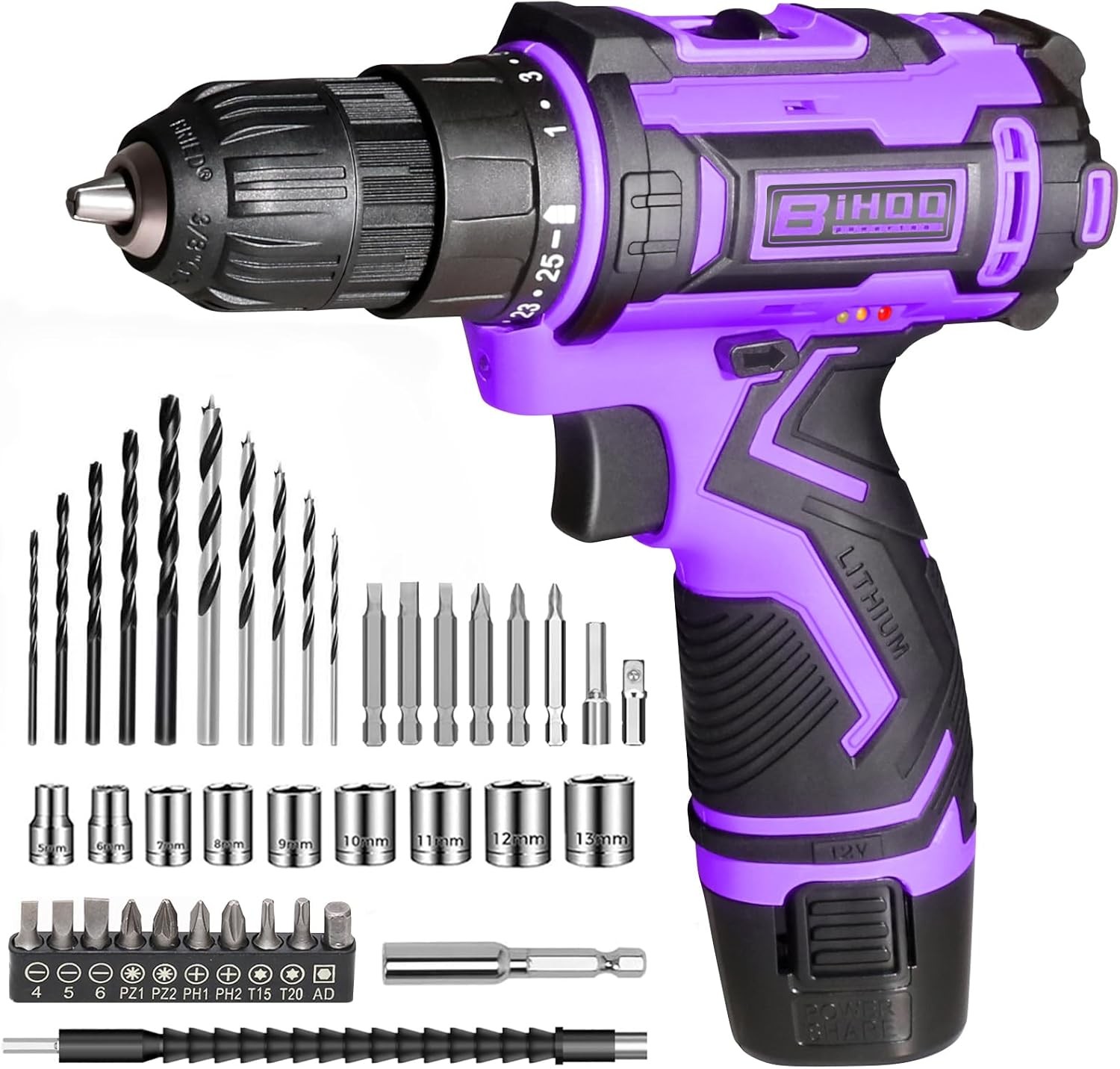 Purple 12V Cordless Drill,Electric Power Driver Kit,3/8-Inch Keyless Chuck