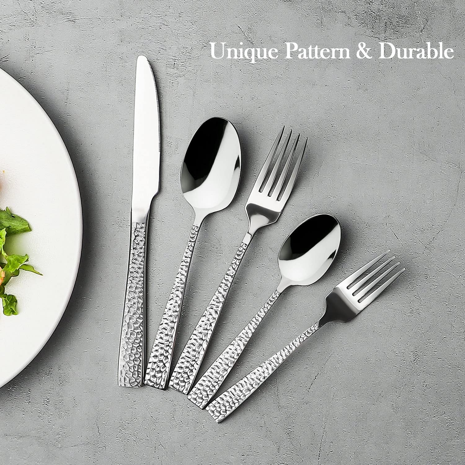 65-Piece Hammered Flatware Serving Set, Stainless Steel Silverware Cutlery Se...