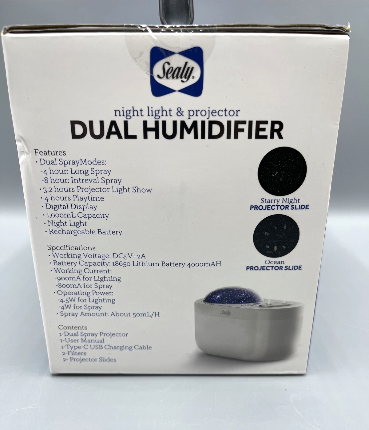 SEALY DUAL SPRAY HUMIDIFIER WITH NIGHT LIGHT AND PROJECTOR