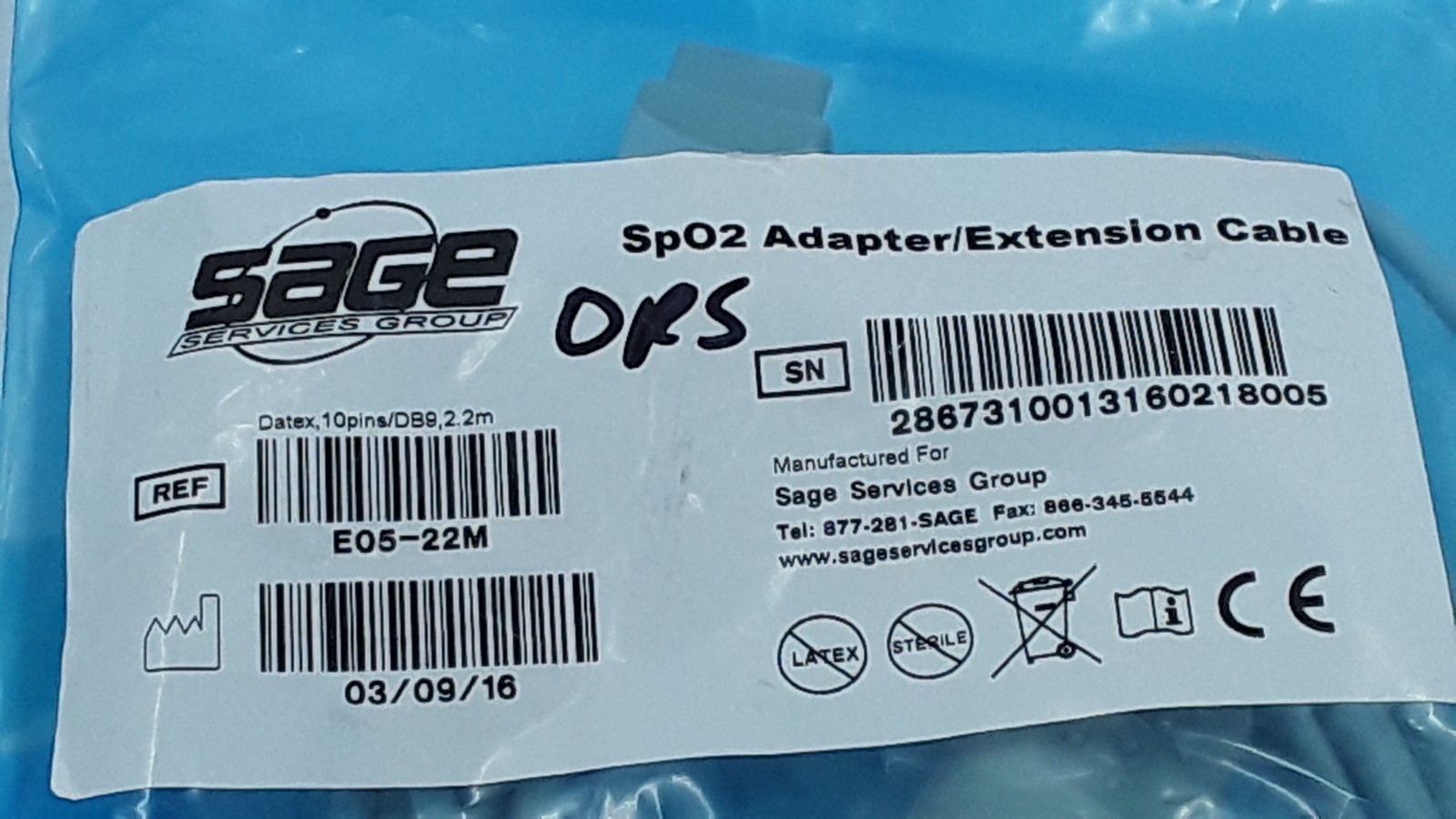 Sage SpO2 Adapter Extension Cable REF E05-22M 10pins/DB9 2.2m